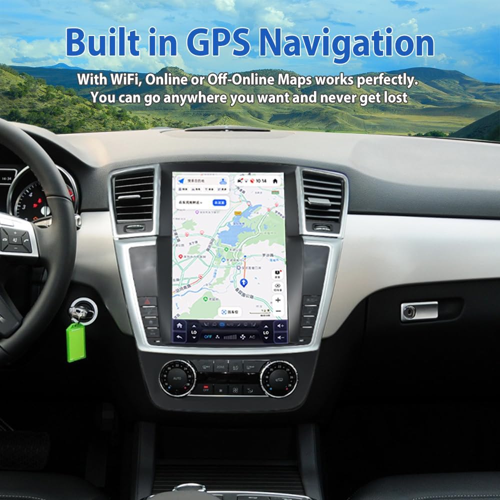VIKNAN Android Car Radio display showing GPS navigation map in a Mercedes Benz dashboard.