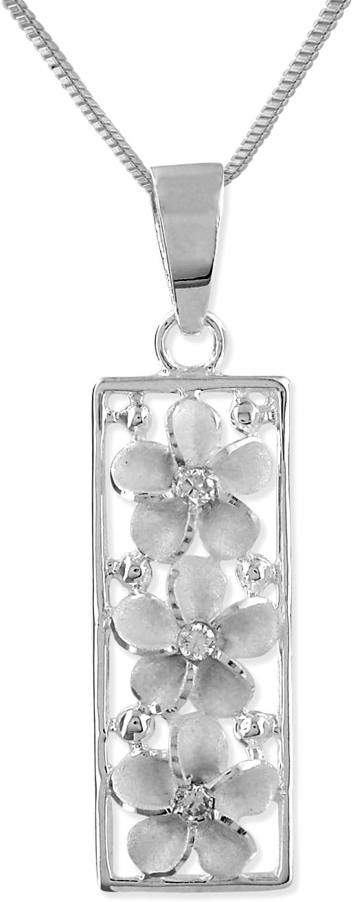 Sterling Silver Plumeria Vertical Bar Pendant Necklace, 16+2" Extender