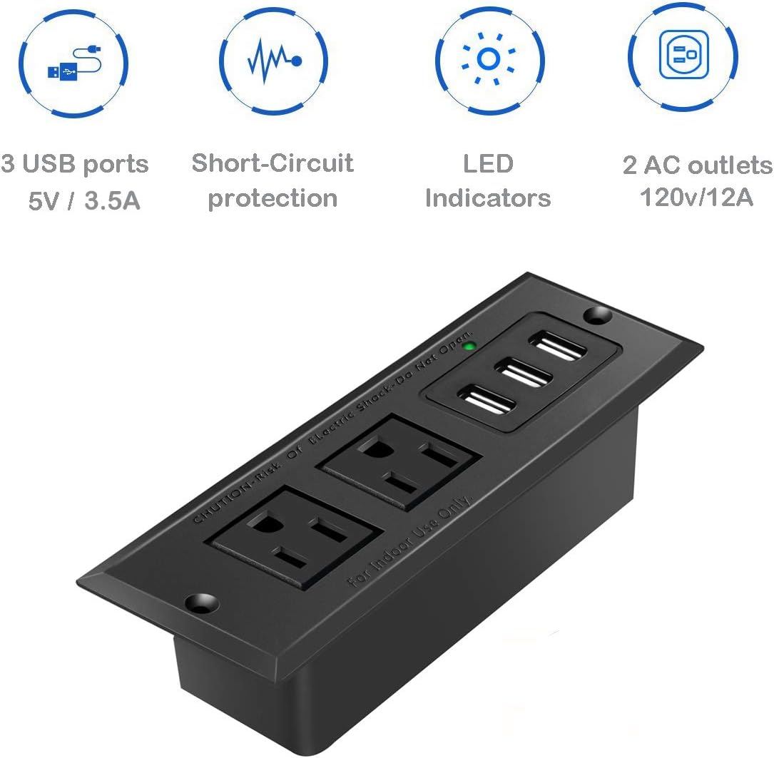 Recessed Power Strip Socket with USB Ports.USB Maximum Current: 3.0 Amperes. Desk 2-Outlets Plug 6.5 ft Extension Cord for Home Office Garage Workshop