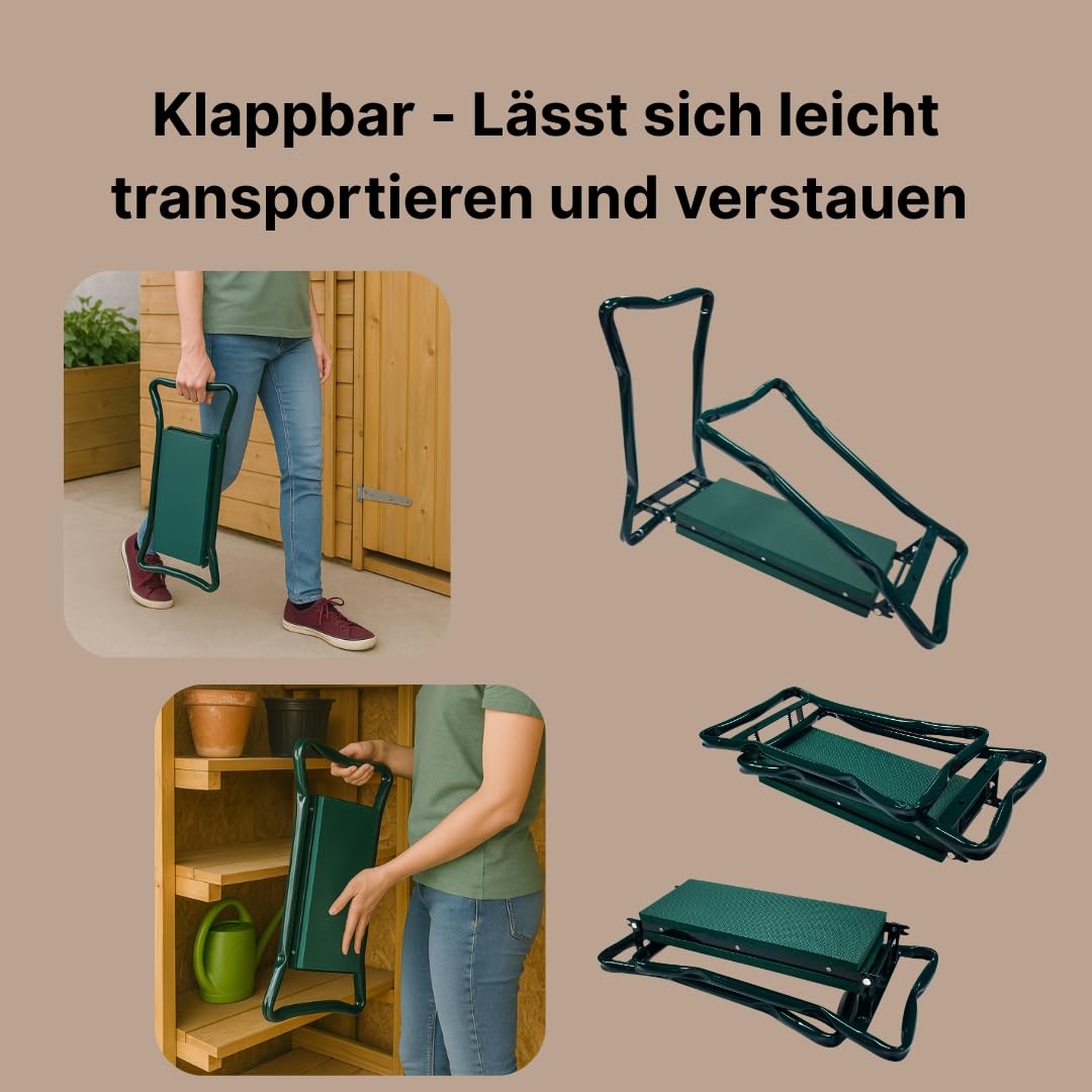 2 in 1 Kniebank für Gartenarbeit mit Eva-Schaumpolster, klappbar, inkl. 2 Werkzeugtaschen, 6-teiligem Werkzeugset und faltbarem Garteneimer, belastbar bis 150 kg
