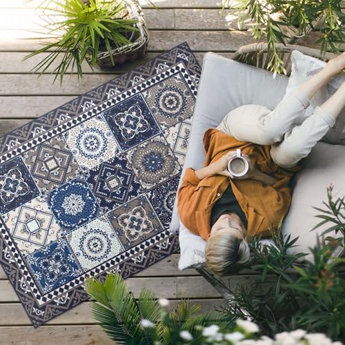 Tapis d'extérieur 140x210 cm imperméable à carreaux fleuris en PVC - 3