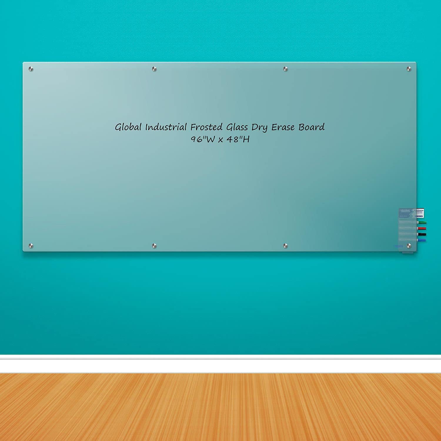 Global Industrial 96" W x 48" H Frosted Glass Dry Erase Board, Frameless Non-Magnetic Glass Board, Includes Eraser & 4 Dry-Erase Markers, 4 mm Tempered Glass