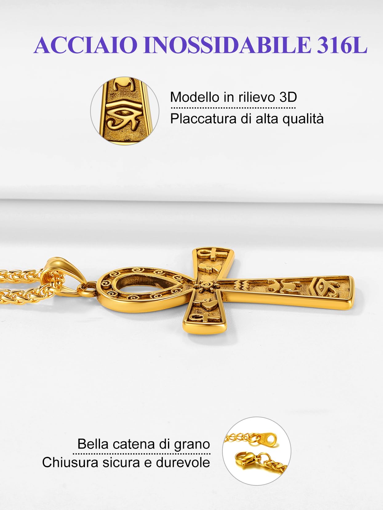Richsteel Collana da uomo con ciondolo a forma di occhio di Horus, con ciondolo a forma di croce egiziana, collana in acciaio inox da 55,9 a 61 cm, con incisione del nome, fornita con confezione