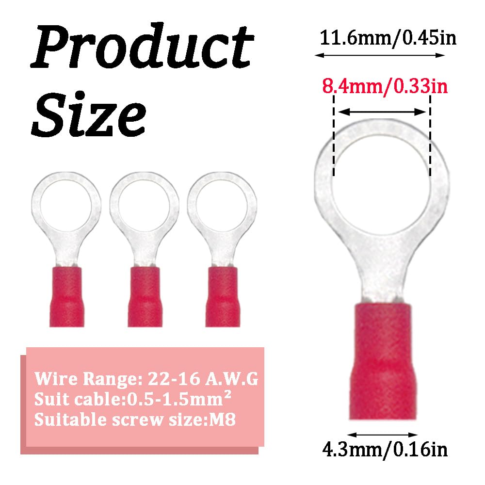 100 Pezzi Anello Capocorda Elettrico Terminale Connettori Elettrici Diametro Foro M8 Crimpare Connettori – Per Cavi Da 0,5 – 1,5 mm² (Rosso/YPRH8)