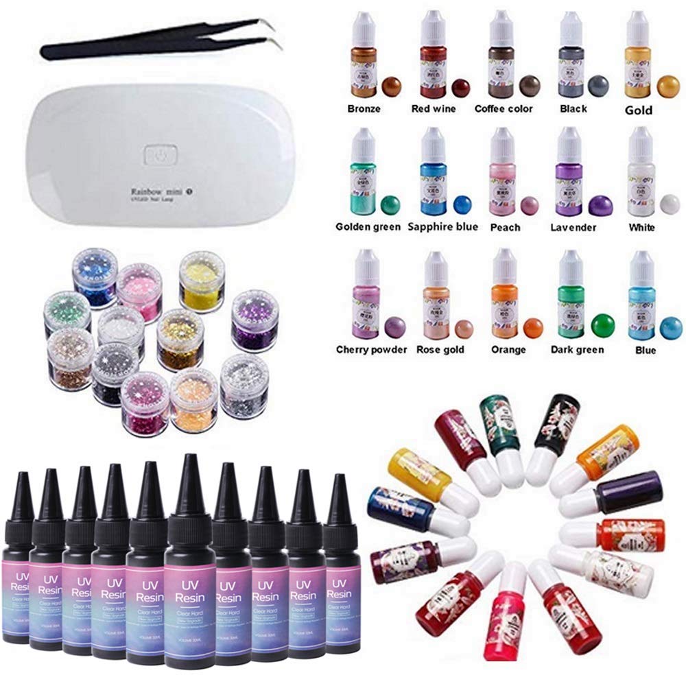 Resina UV + Lampada + Inchiostri, 10x30ml Resina epossidica UV formula più recente, con lampada/Glitter / 28 Pigmenti liquidi (15 perlati + 13 normali), kit per artigianato