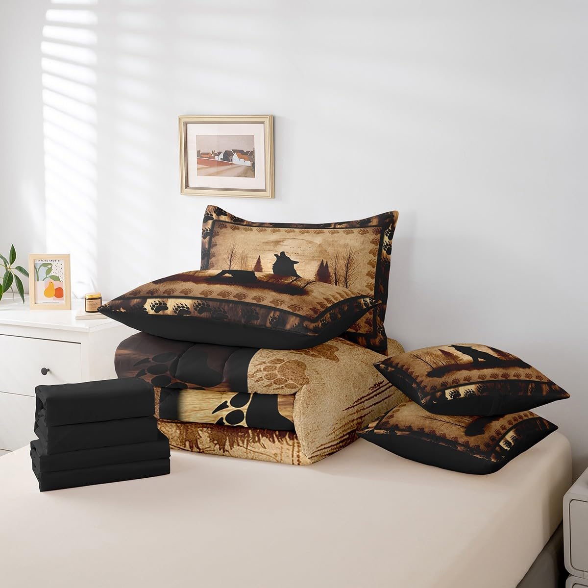 Feelyou Cute Wolf Comforter Set with Sheets 7 Piece Queen Size for Girls Boys Kids Wolves Howling Bed in a Bag Animal Wolves Tree Pattern Bedding Set Exotic Style Brown Black Bed Set