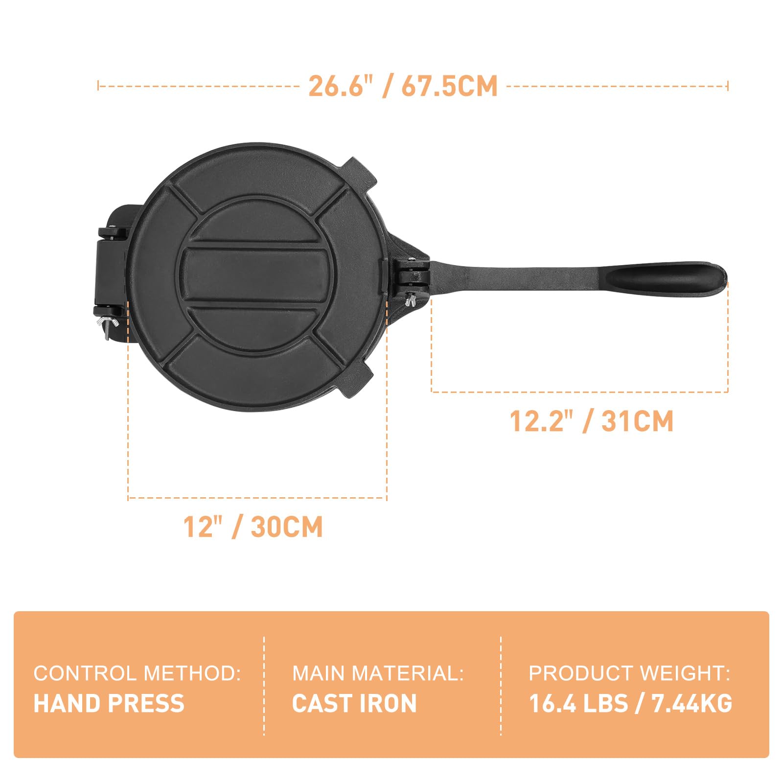 Cast Iron Tortilla Press 12 inch, Heavy Duty Tortilla Pataconera, Flour Tortilla Press with Foldable Handle, Taco press with Some Parchment Paper, Roti Maker, Black