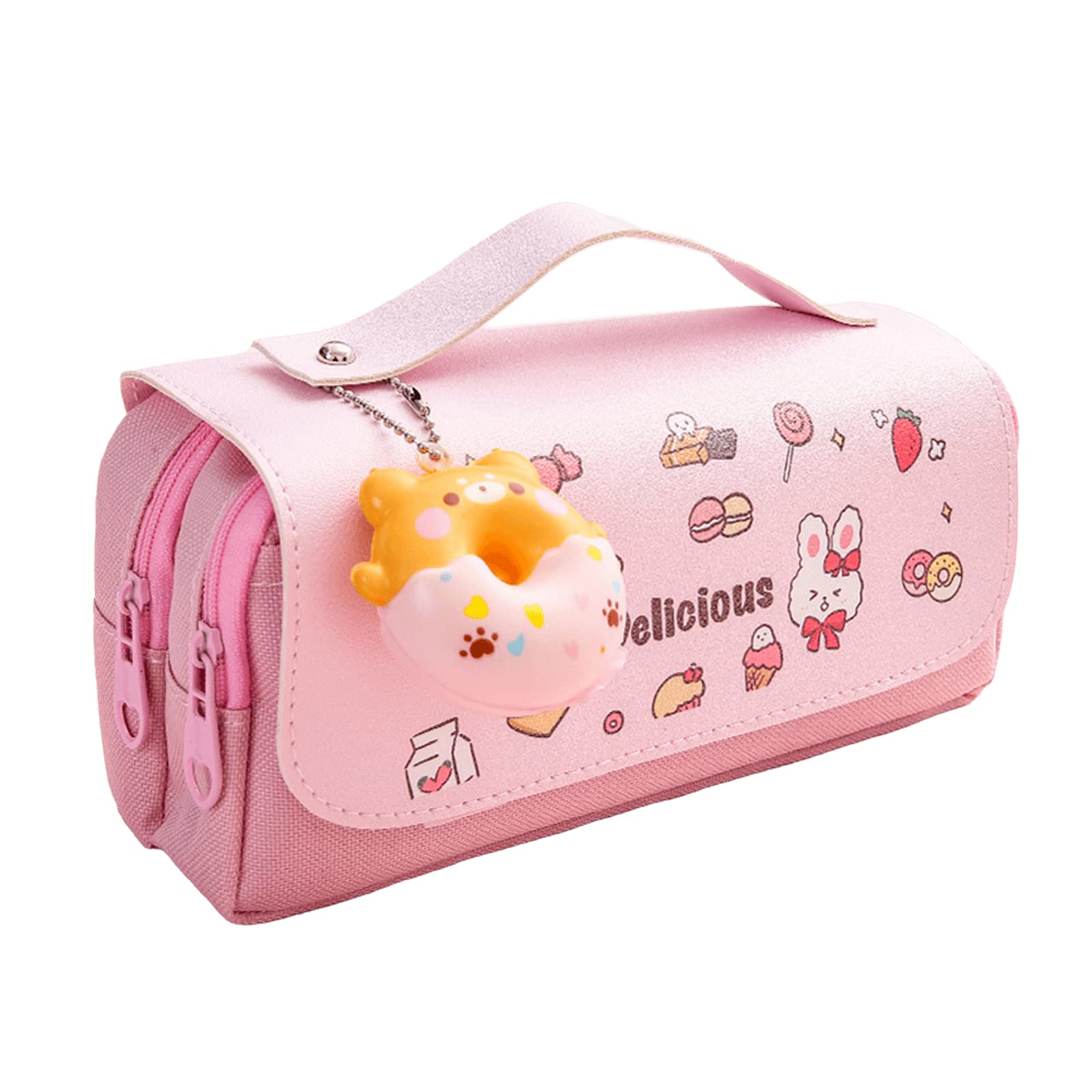 Kawaii Estuche para lápices, bonito anime, con colgante de esponja de dona, para aliviar el estrés, diseño estético, dibujos animados, organizador de papelería, bolsa para suministros escolares,