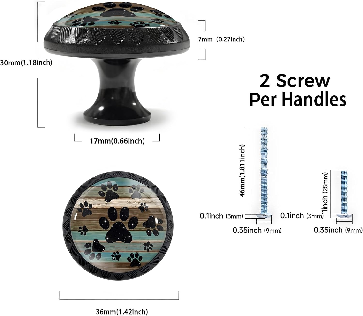 4 Pack Teal Brown Wood Grain Galaxy Paws Cabinet Knobs Round Drawer Pulls Black Dresser Knob Cupboard Door Handles Hardware for Kitchen Bathroom Cabinets