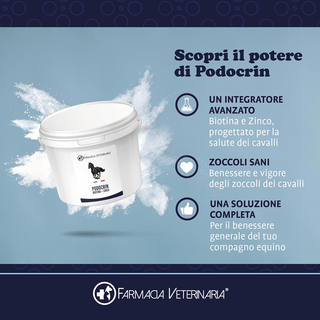 Farmacia Veterinaria Podocrin Zinco + Biotina – Zoccoli Forti e Criniera da Sogno. Integratore per Cavalli Vitamine Microincapsulate per Cavallo – Fortifica Rinforza e Protegge – Confezione 1 Kg.