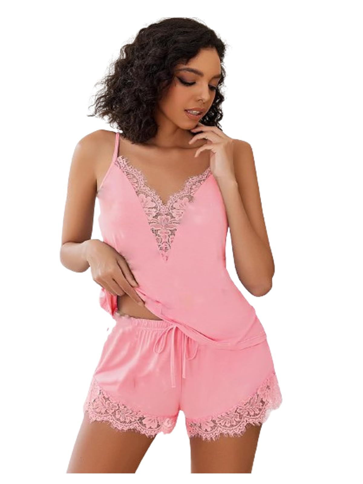 Women Sleepwear Lace Top Pajamas Set Shorts| Women Night Suit| Babydoll Night Dress Nightwear Camisole Short Sets Baby Pink Fit Size(30 to 36) Inch-image-2