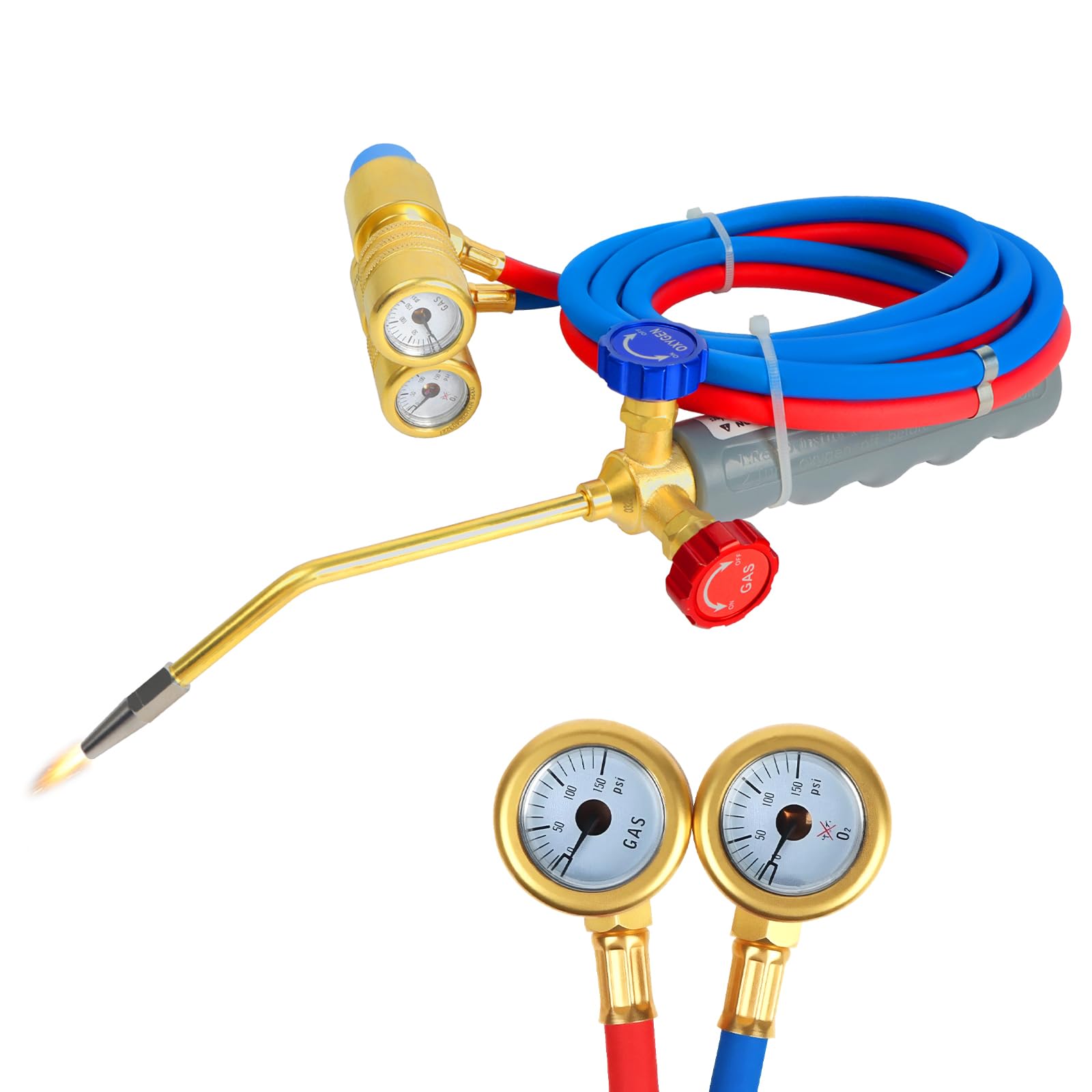 Brazing Torch for MAPP Gas &amp; Propane, Brass &amp; Stainless Steel Welding Torch with Dual Pressure Meters, Propane Cutting Torch for Soldering, Jewelry, HVAC, Glass Blowing