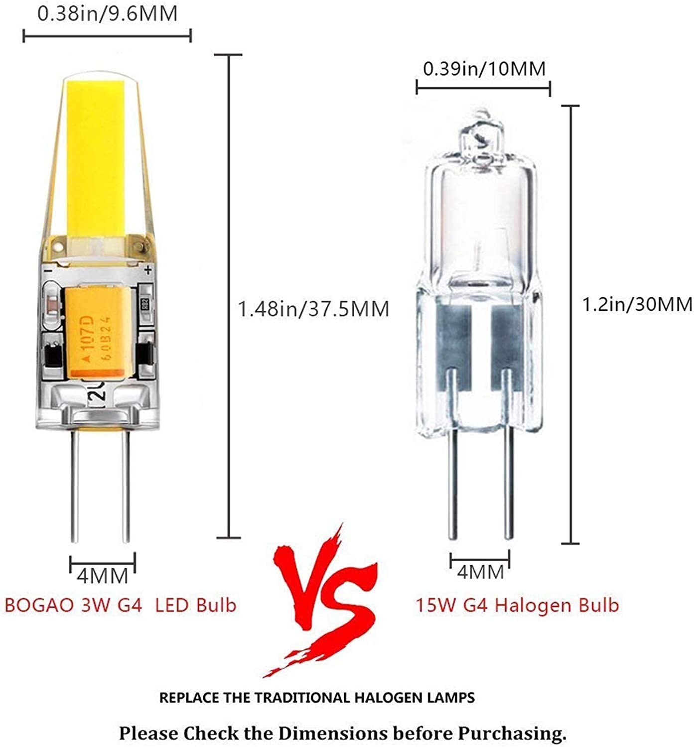Bombillas, Bombillas LED G4 COB 25W Lámparas halógenas Reemplazo 180LM 3W 12V Bombilla de Foco de Cristal Paquete de 5 Clase energética A + (Color : 3000k Warm White)