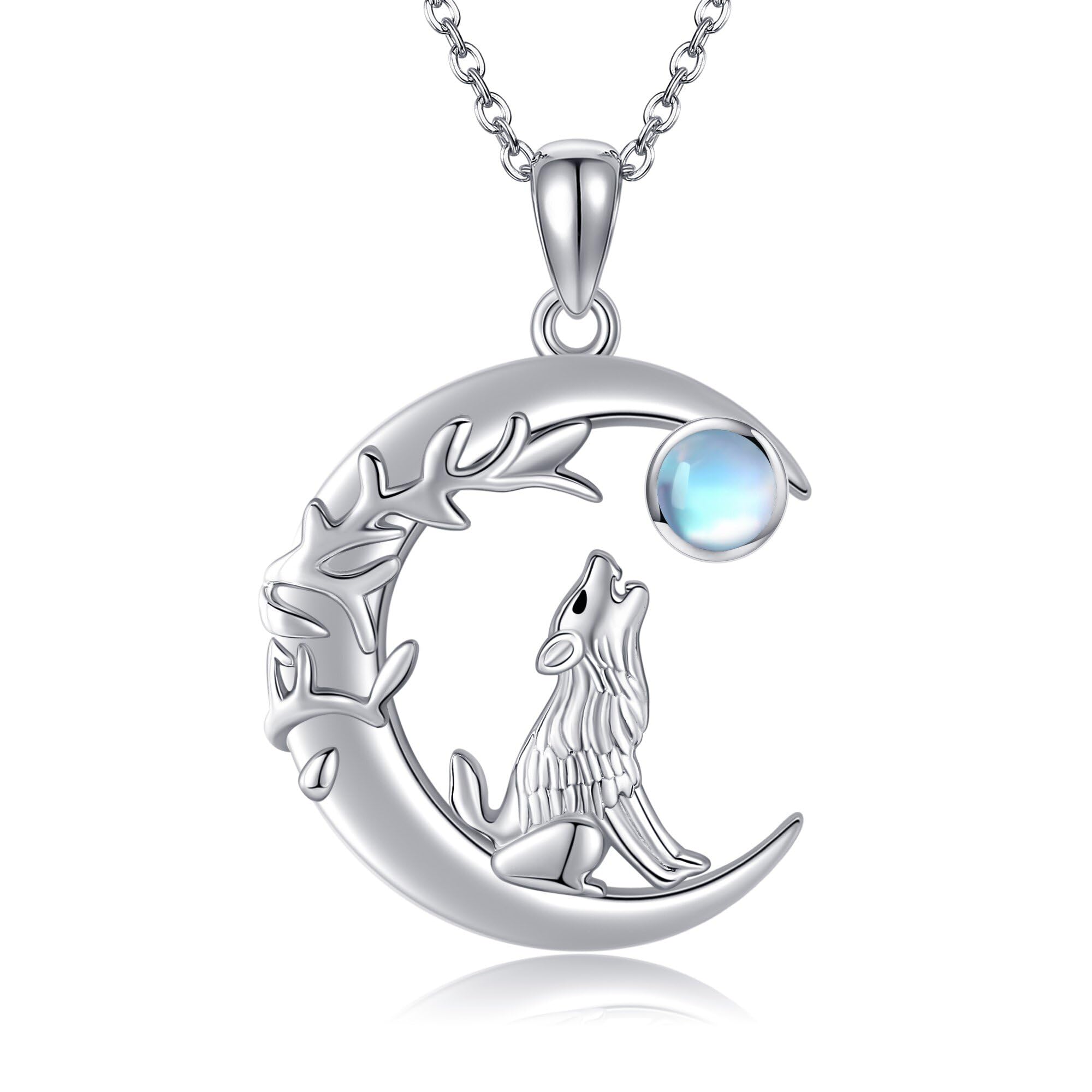ONEFINITY Collar de lobo de plata de ley 925 con colgante de lobo y luna creciente, collar de piedra lunar, regalo para mujer, Piedra de luna