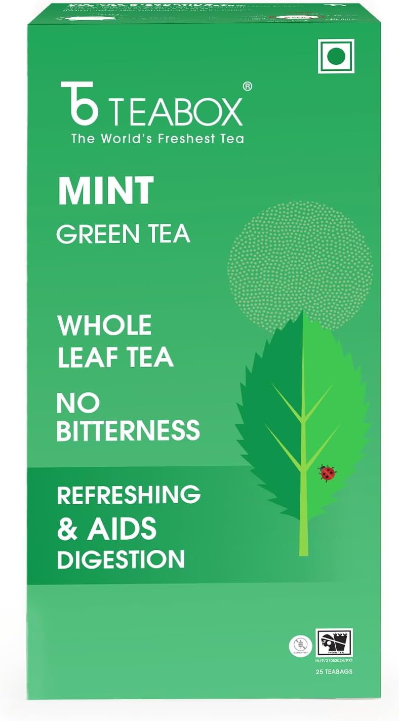 Teabox Mint Green Tea | 25 Tea Bags with Premium Green Tea & Real Peppermint Leaves | Refreshing, Cooling & Smooth | Low Caffeine | Clean Ingredient Blend