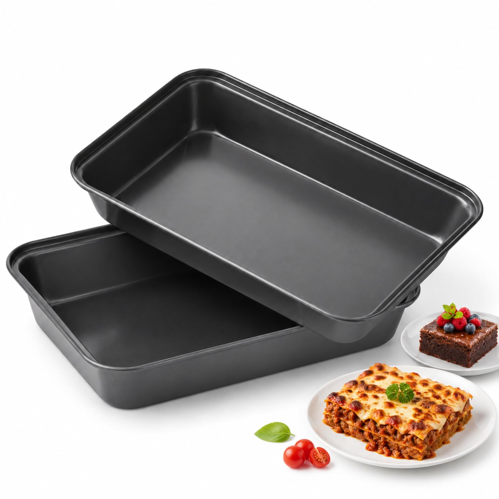 2 Pack Baking Trays, Non-Stick Oven Trays for Cake, Swiss Roll, Brownie, Lasagna and Roasting, Easy Clean Deep Baking Tin with Easy Release Surface, Durable Rectangle Cake Tin for Everyday Use