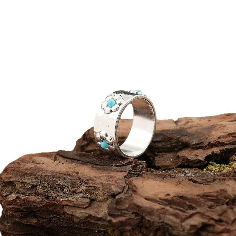 Chunky Silver Ring For Wemen, Retro Flower Turquoise Elegant Daily Wear Mood Elden Hammered Ring Jewelry Promise For Couples Gift2