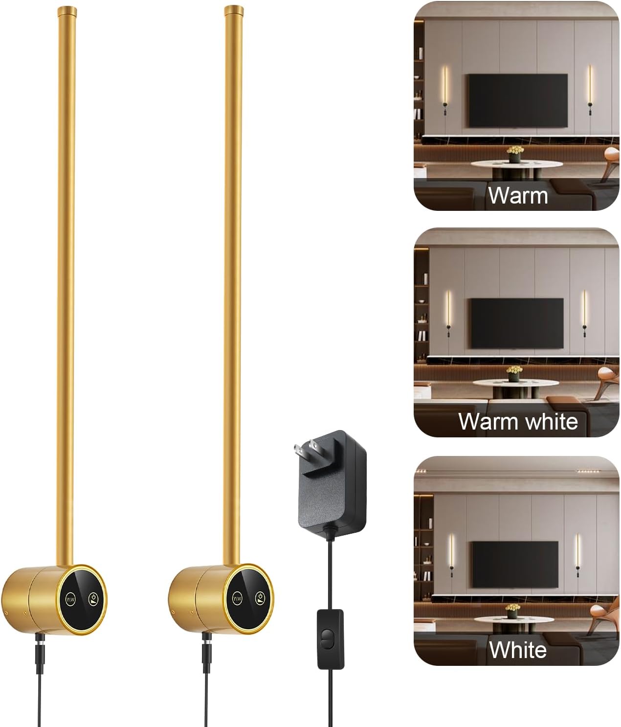 Gold Wall Sconces Set of Two, 22'' LED Modern Plug-in Sconces Wall Lighting Fixtures, Dimmable Wall Lamps with Memory Function Indoor for Living Room Bedroom Hallway