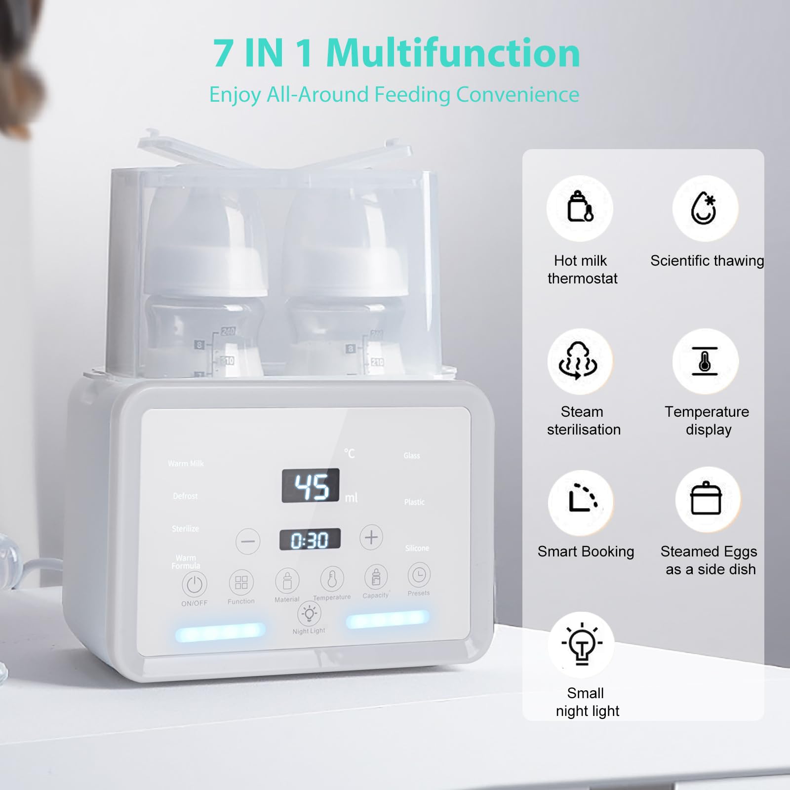 Scaldabagni e sterilizzatori 7 in 1, scaldabiberon riscaldato, con display LCD e controllo preciso della temperatura (bianco)