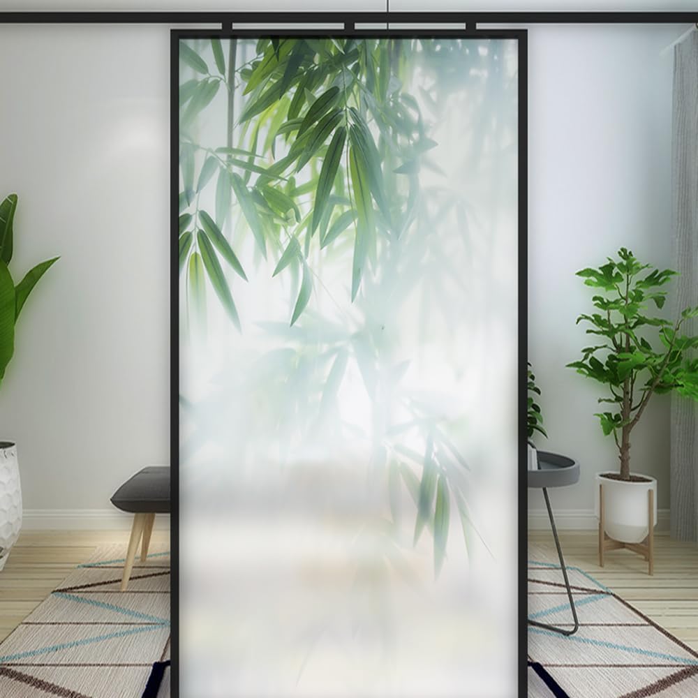 Bamboo Leaf Print Privacy Window Film Stained Glass Static Cling Window Treatments Window Coverings Glass Sticker Decorative Film for Siding Glass Door Home Decor 17.7"x70.9"(45x180cm)