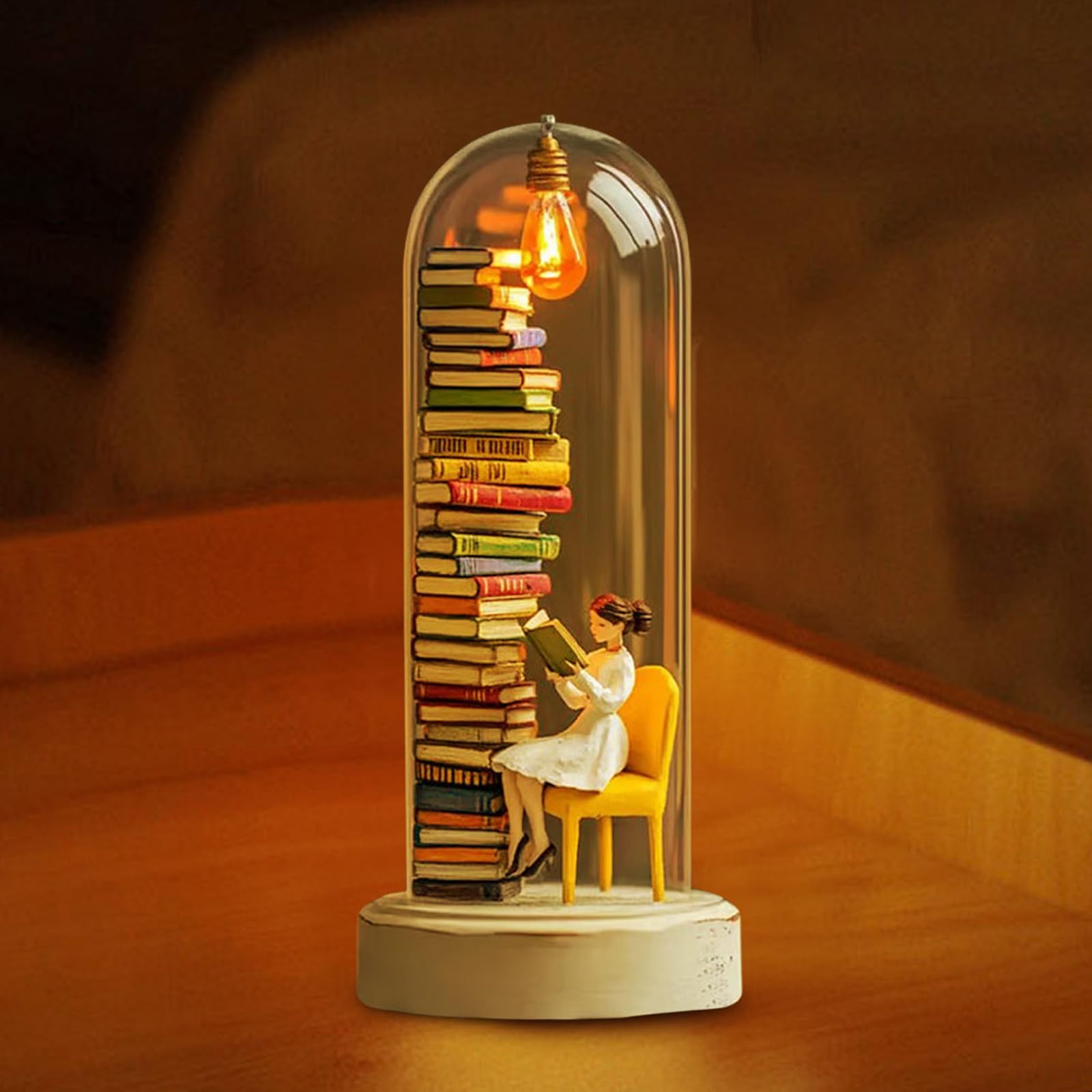 Reader Night Light, Miniature Book Lover Lamp Sculpture with Mini Books and LED Light, Glass Dome Book Nook Lamp for Home/Office/Library (#C)