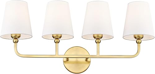 VL837-BG-4 - Lámpara de tocador de baño, 4 luces doradas cepilladas con pantalla de tela blanca acampanada, aplique de pared de 28 pulgadas,