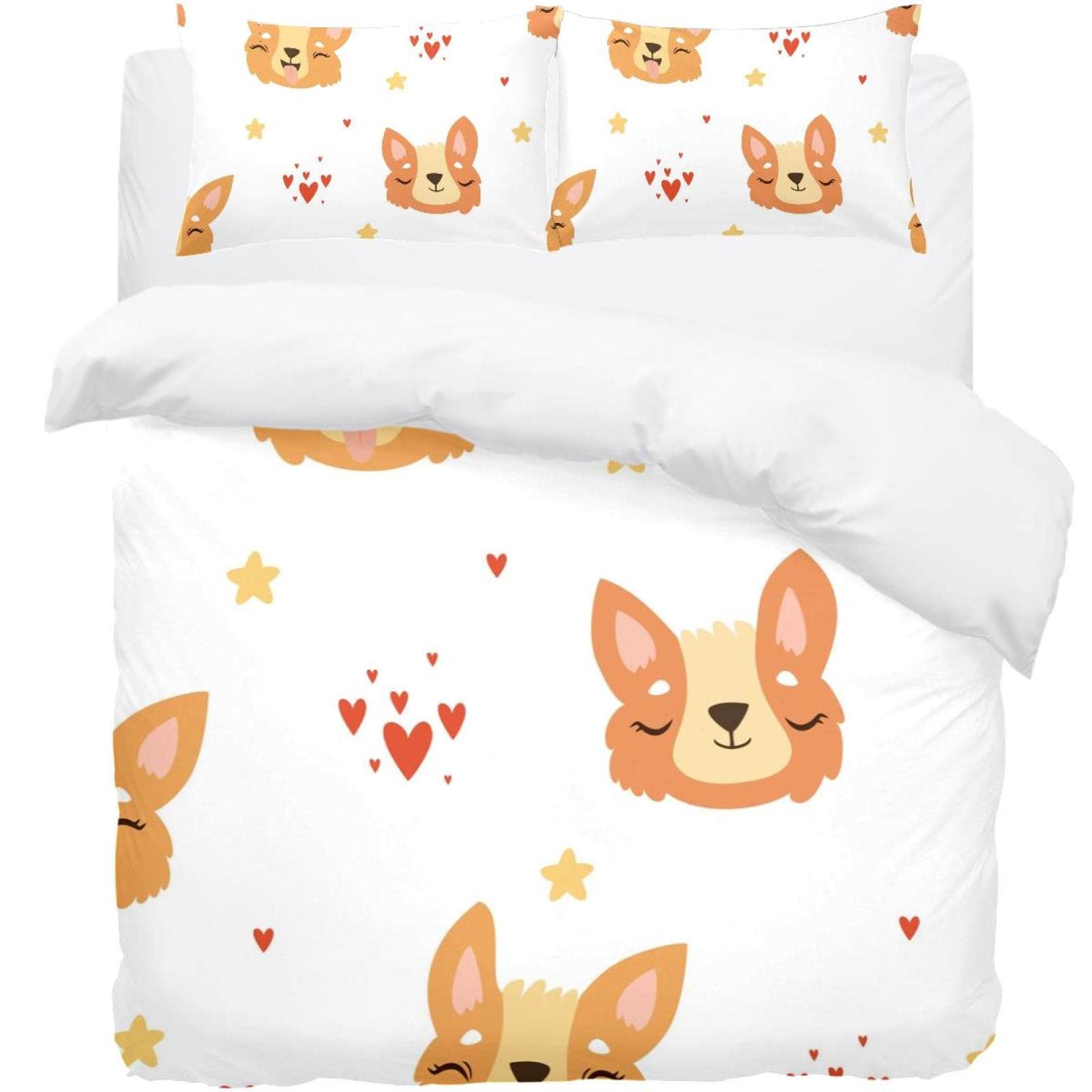 Housse de couette 1 personne motif corgi | Parure de lit 3 pièces pour chambre d'enfant et ado