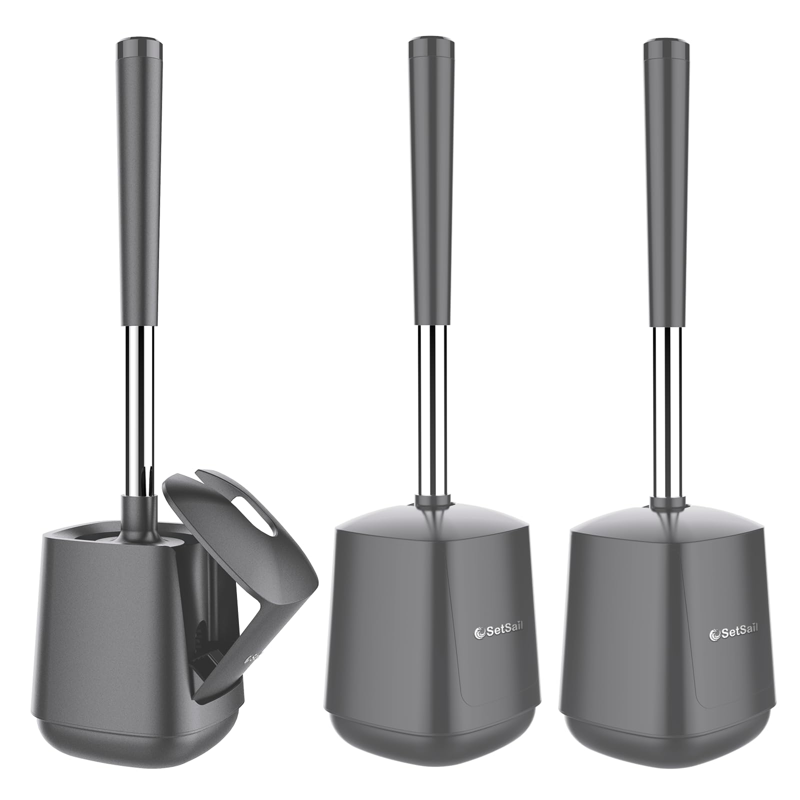 SetSail Toilet Brush and Holder 3 Pack, Self Closing Lid Toilet Bowl Brushes Holder Extra Long Handle Ventilated Toilet Brush Set for Bathroom Cleaning, Nylon Bristles, Grey