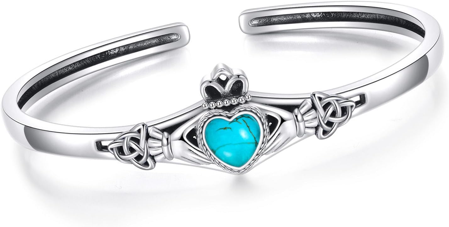 Genuine Turquoise Claddagh Bracelet, Sterling Silver Boho Adjustable Heart Bangle Cuff Native American Jewelry, Fit for 6.5 7 7.5 Inches