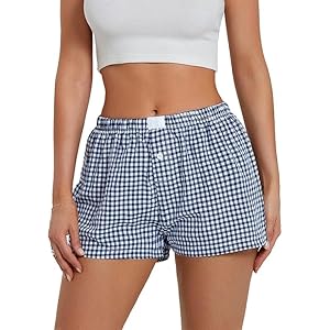 Women’s Lounge Shorts Cute Soft Elastic Low Waist Plaid Print Button Front Pajama Bottoms Boxer Shorts Sleepwear