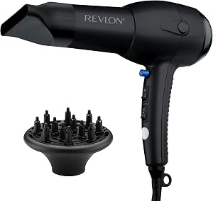 Revlon RV544FBLK Advanced Ionic Technology™ Hair Dryer with Diffuser, Powerful, Ionic Hair Dryer with Concentrator, Quick Dry, Lightweight, 2 Heat/ Speed Settings, Less Frizz, Shiny and Smooth Hair, Black