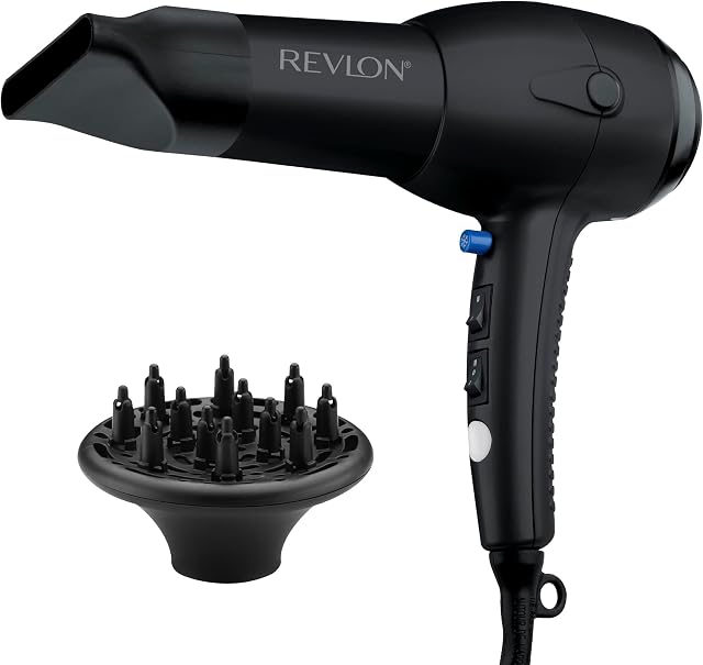 Revlon RV544FBLK Advanced Ionic Technology™ Hair Dryer with Diffuser, Powerful, Ionic Hair Dryer with Concentrator, Quick Dry, Lightweight, 2 Heat/ Speed Settings, Less Frizz, Shiny and Smooth Hair, Black