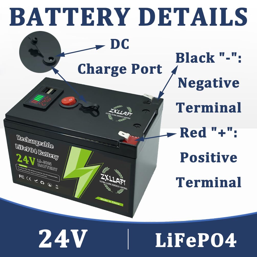 Batteria LiFePO4 24V 10Ah 8Ah Batteria al Litio 12Ah Batterie Ricaricabili 24V Batterie solari per Alimentazione di Backup con Porta USB e BMS per Motore da 100W a 300W,24v12ah