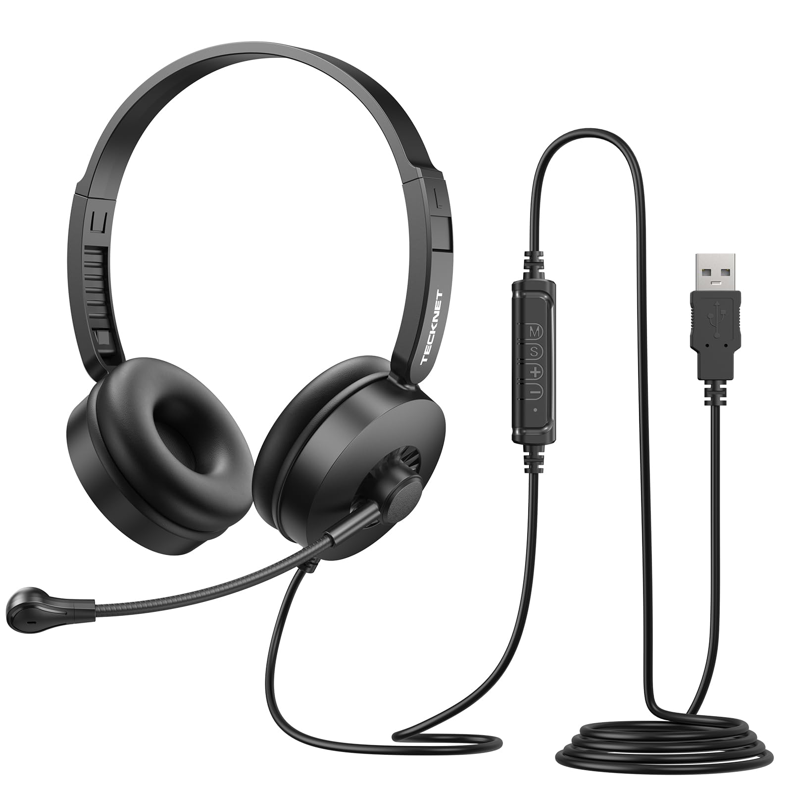 TECKNET Headset mit Mikrofon, USB Headset, kabelgebundenes PC-Headset, 2,0 m langes Kabel, Stereo-Kopfhörer für Skype, Teams-Meetings, Call-Center, Büroanrufe und Online-Konferenzen