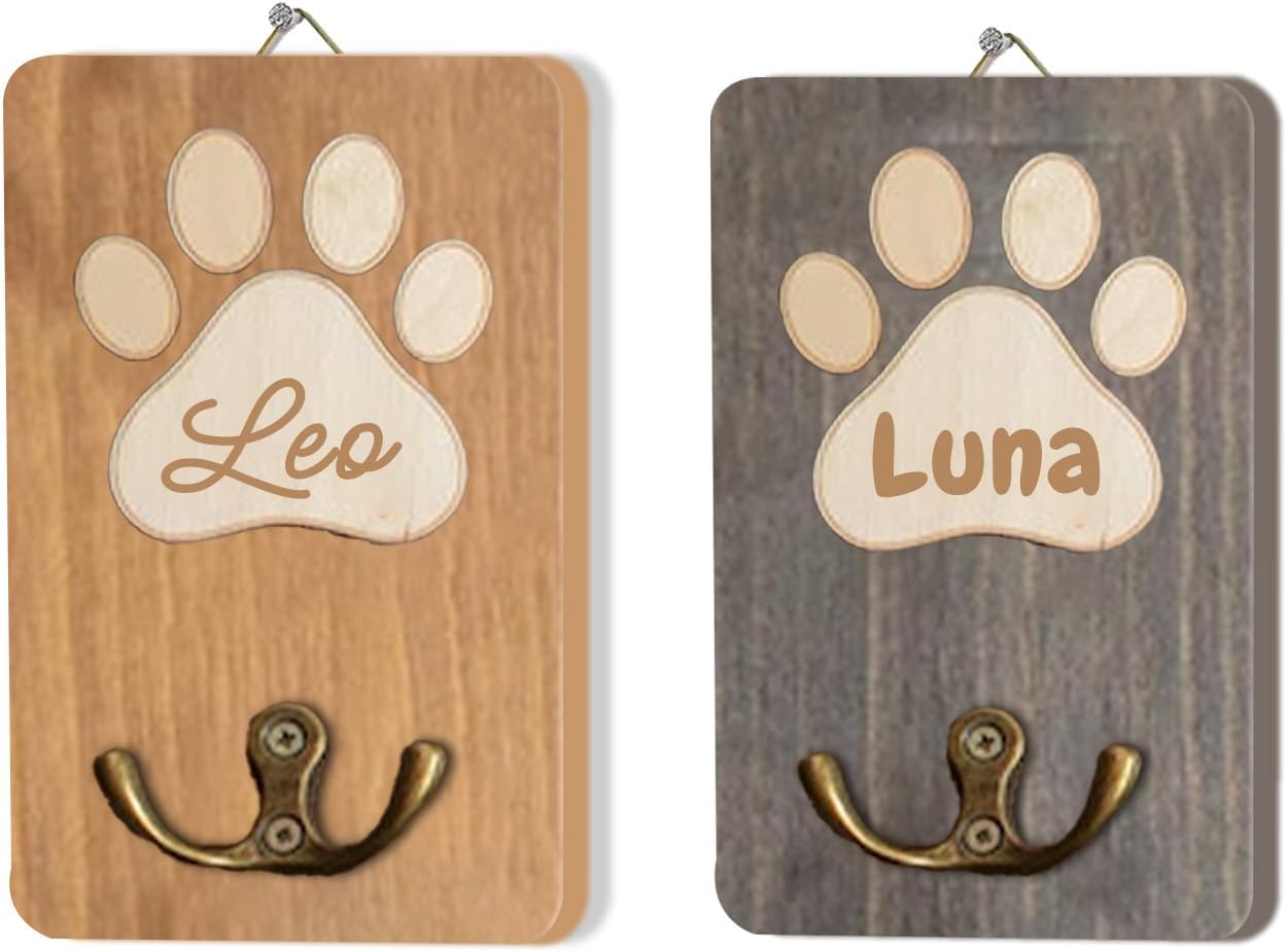 Personalized Dog Leash Holder for Wall, Custom Name & Style Wooden Dog Leash Organizer with 3D Paw Hooks, Key Holder Wall Mount, Farmhouse Home Decor Key Hook, Memorial Pet Gift (Style1)