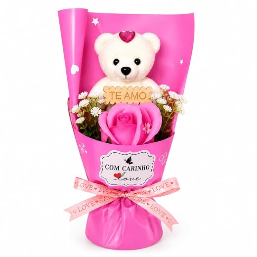 Buquê de Rosa Com Ursinho de Pelúcia I Love You Presente Dia dos Namorados Vermelho e Branco