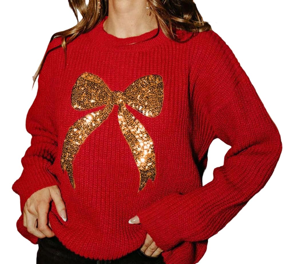 Melliflo Women Christmas Sweater Chunky Shimmer Glitter Bow Sequin Sweater Y2K Baggy Sparkly Bow Pullover Cable Knit Sweater