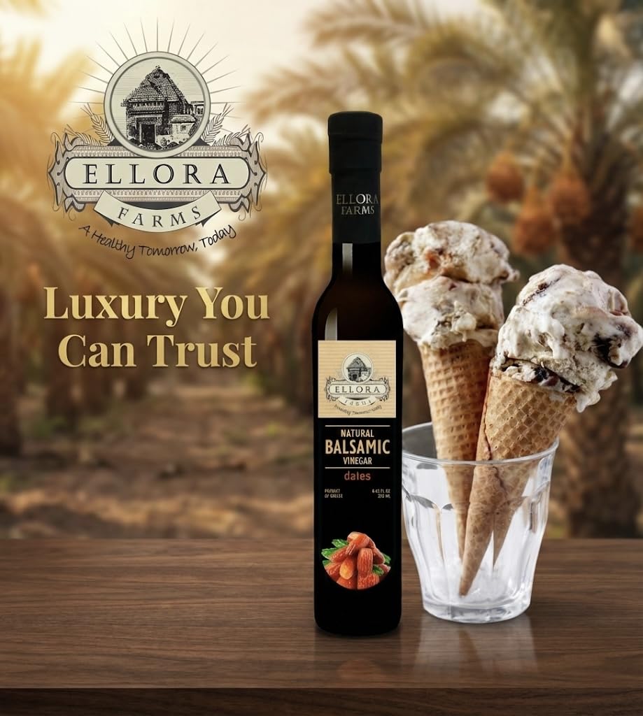 Ellora Farms, Balsamic Vinegar Dates Infused, Thick and creamy, Barrel aged, No-added sugar, Award Winning, Glass bottle, 8.45 oz., (Dates)