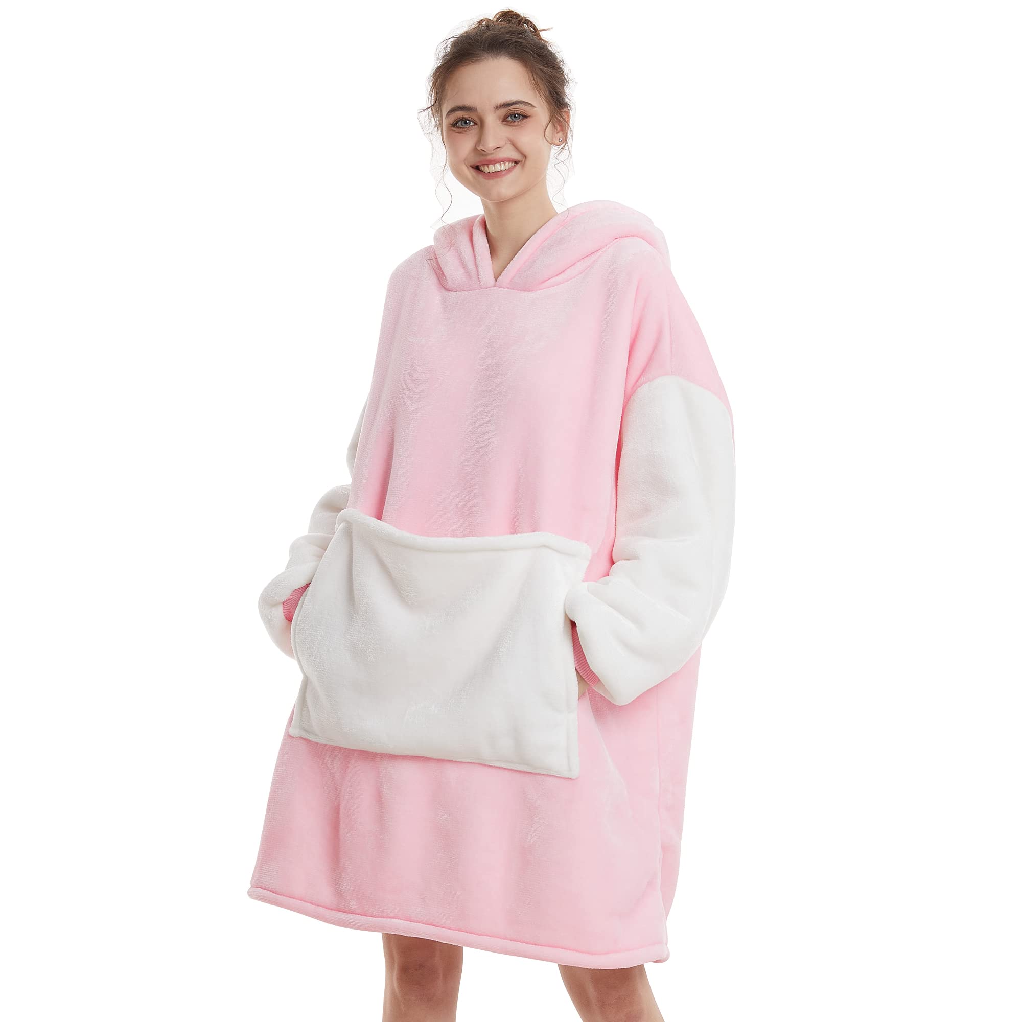 Aemilas Wearable Blanket Hoodie,Oversized Sherpa Sweatshirt Blanket with Hood Pocket and Sleeves,Cozy Soft Warm Plush Hooded Blanket for Adult Women Men Teens,One Size Fits All(Light Pink and White)
