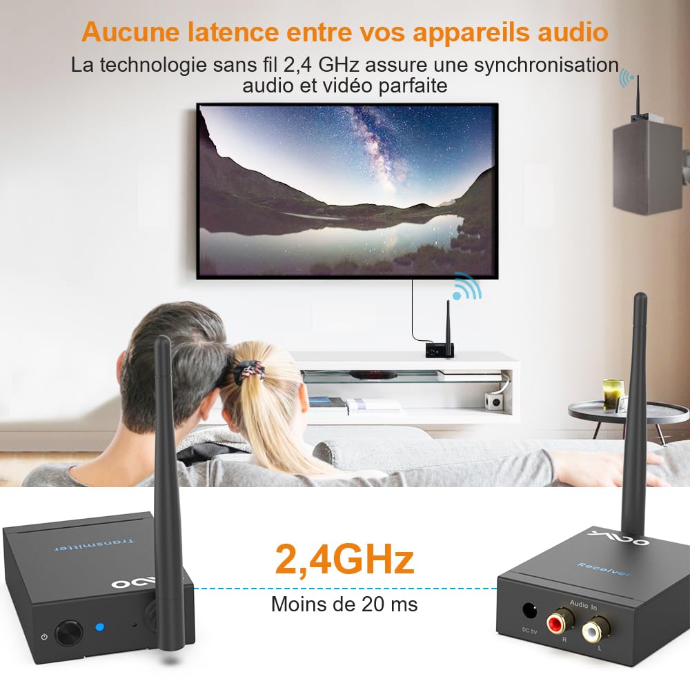 YMOO Wireless émetteur-récepteur de Transmission Audio 2,4 GHz, Adaptateur Audio Jack RCA 3,5 mm, Faible Latence 20ms, stéréo HiFi 48 kHz/24 Bits pour TV/PC vers Caisson de Basses/Haut-Parleur/ampli