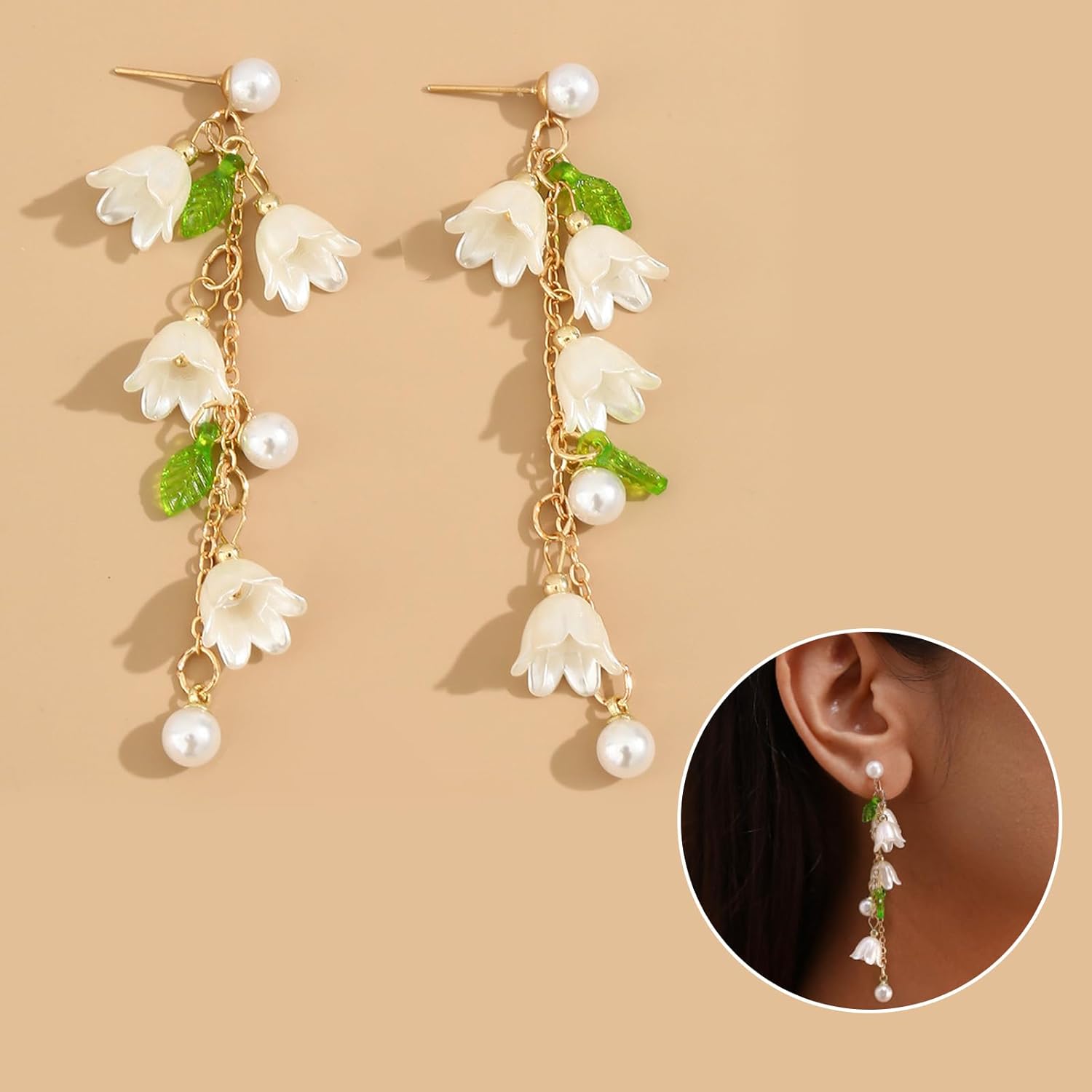 Lily of the Valley Earrings for Women,Elegant Floral Stud Earring,Statement White Flower Pearl Long Tassel Dangle Earrings,Floral Drop Earring,Fairy Flower Jewelry for Women - Image 4