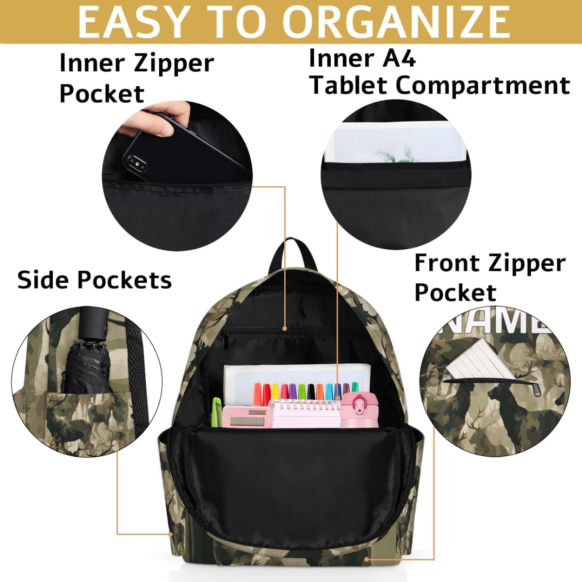 Camouflage Military Customized Kids Backpack for Boys Girls Deer Animal Personalized Preschool Toddler Backpack Kindergarten Nursery Bookbag Travel Children School Bag