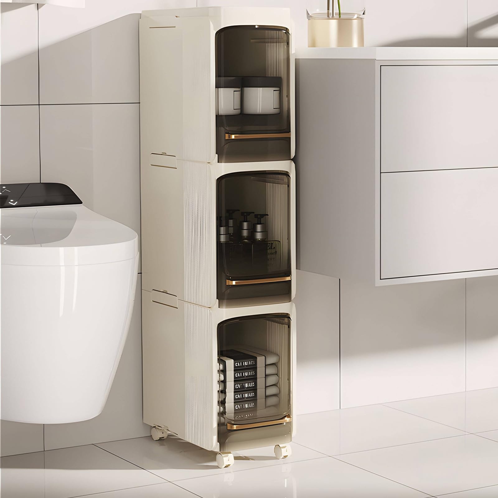 QAVABIN 3-TiersTall Narrow Storage Cabinet, Slim Bathroom Organizer for Small Spaces, Freestanding Bathroom Storage for Slim Kitchen & Laundry Cabinet