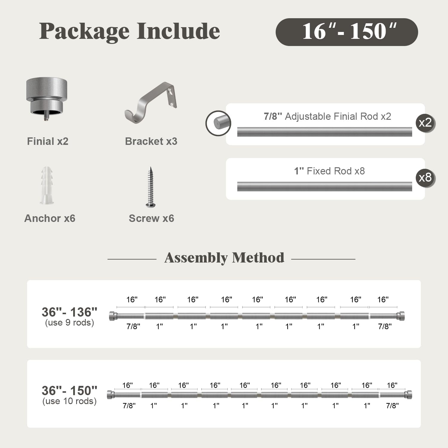 Oneach Silver Curtain Rods for Windows 72 to 144 Inch, 1 Inch Pole Adjustable Length Heavy Duty Metal Curtain Rod Set, for Outdoor Bedroom Kitchen Living Room (16 to 150 Inch)