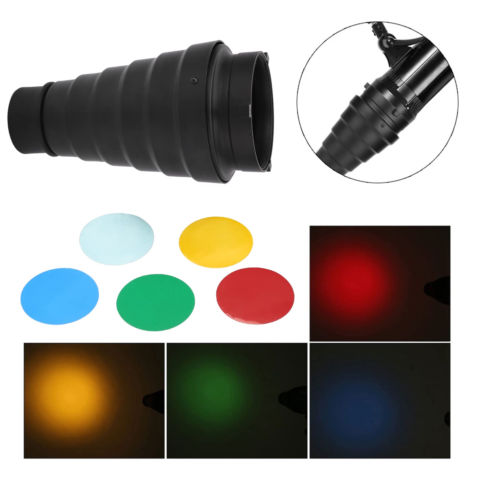 VBESTLIFE Kit Snoot Conique pour Accessoires Flash, Filtres Gel Couleur 5 Pièces Kit Snoot Conique Montage Snoot pour Studio Photo Vidéo Flash Light