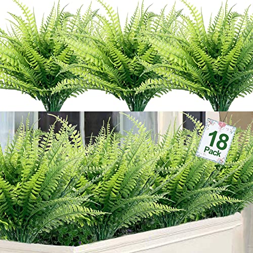 TURNMEON 18 Bundles Artificial Plants Outdoor Fake Fern Plants UV Resistant Artificial Flowers No Fade Plastic Faux Plant Boston Fern Greenery for Home Garden Porch Window Box Spring Summer Decor