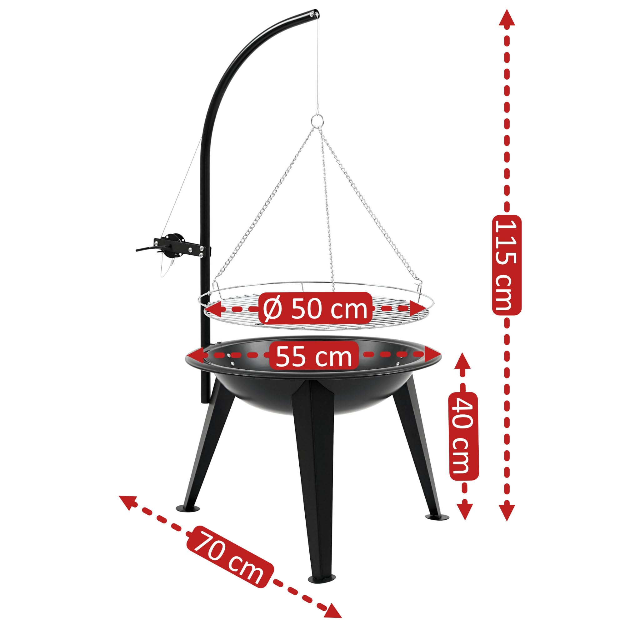 BBQ-Toro Schwenkgrill mit Grillrost Ø 55 cm | Holzkohlegrill mit Feuerschale | Dreibein für Gulaschkessel | Grillrost Ø 50 cm, Grillgestell mit Feuerwanne, Dreibein mit Kurbel, Kohlegrill