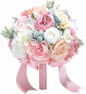 Scannay Artificial Wedding Flower 10 Inches Bride Bridal Bouquets Rose Peony Holding Bouquet with Satin Ribbon Decor