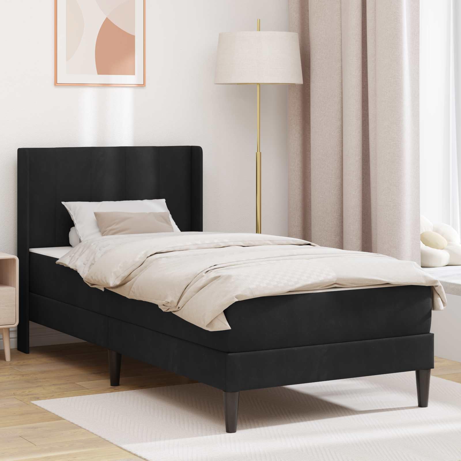 Rama łóżka z materacem i zagłówkiem, czarna, 90 x 200 cm, aksamitna poszewka, materac ze sprężynami kieszeniowymi, stelaż, ergonomiczny, oddychający, dwustronny, do pokoju gościnnego i
