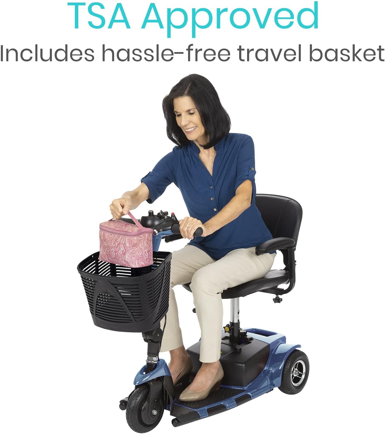 Vive 3-Wheel Mobility Scooter - Electric Powered Mobile Wheelchair Device for Adults - Folding, Collapsible and Compact for Travel - Long Range Power Extended Battery with Charger and Basket Included : Health & Household